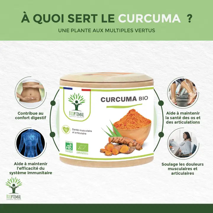 Curcuma bio en gélules soulage articulations et muscles, favorise l’élimination des graisses